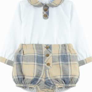 Ensemble bébé garçon blouse à col rond et bloomer – Bleu/beige
