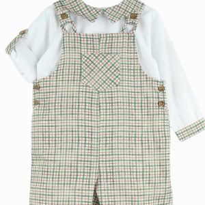 Ensemble chemise et salopette bébé à petits carreaux – Vert/rouge