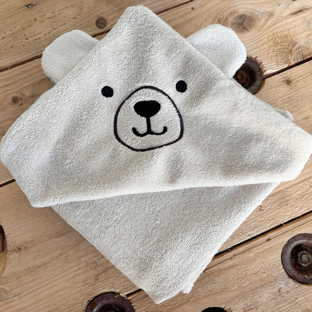Cape de bain bébé animaux – Modèle ours en éponge bambou beige | Fait main