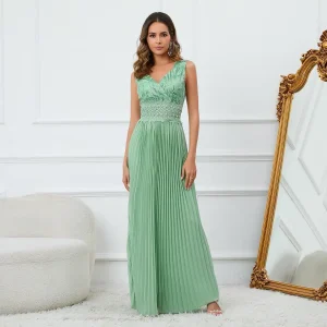 Robe longue plissée vert d&rsquo;eau élégante : Zélie