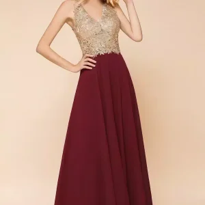 Robe longue bordeaux et doré avec décolleté en V : Laurine