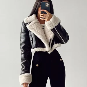 Veste motard moumoute tendance en cuir : Lucie