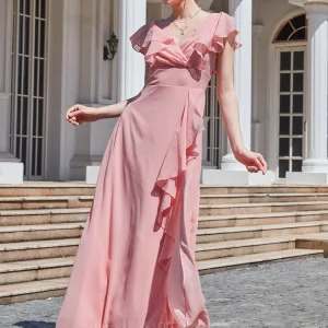 Robe mousseline rose poudré élégante et fluide : Camille