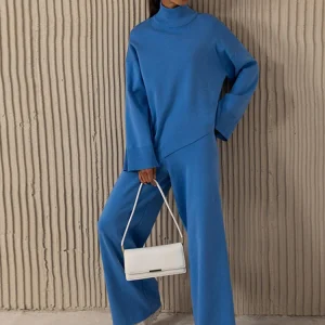 Pantalon palazzo bleu chic avec ceinture élastique : Élodie