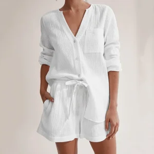 Ensemble 2 pièces en gaz de coton 100%, chemise à manches longues boutonnée + short confortable et élégant