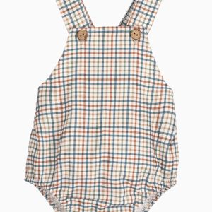 Barboteuse bébé à bretelles et carreaux – Bleu/vert