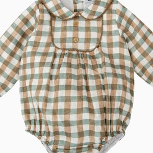 Barboteuse bébé mixte à carreaux – Vert/camel