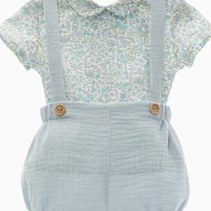 Ensemble bloomer à bretelles et blouse à fleurs – Bleu pâle