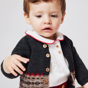 Blouse bébé à col rond et liseré rouge – Ecru