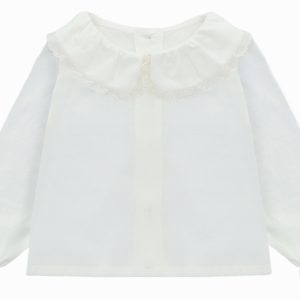 Blouse fille col froncé et dentelle – Blanc