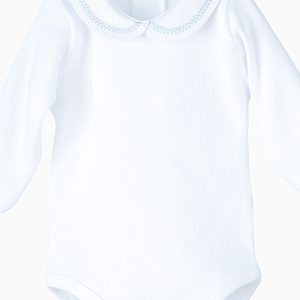 Body bébé manches longues à col rond brodé bleu ciel – Blanc