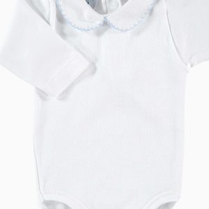 Body bébé à col rond texturé et liseré bleu – Blanc