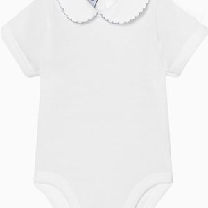 Body bébé manches courtes à col rond texturé et liseré gris – Blanc