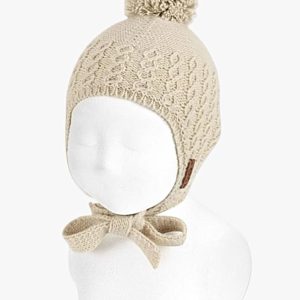 Bonnet bébé à pompon – Beige