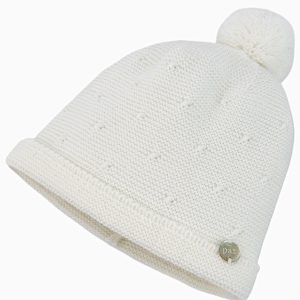 Bonnet naissance à pompon en laine – Crème