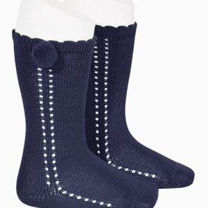 Chaussettes hautes bébé ajourées à pompon – Bleu marine
