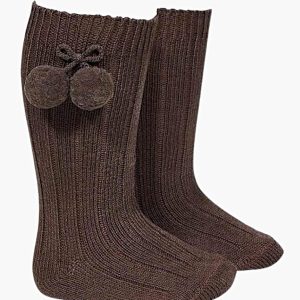 Chaussettes bébé hautes à pompons en coton chaud – Marron
