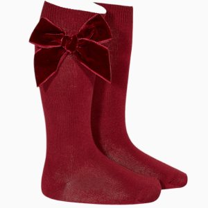 Chaussettes hautes bébé fille à noeud velours – Bordeaux
