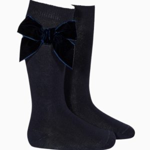 Chaussettes hautes bébé fille à noeud velours – Bleu marine