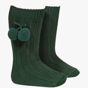 Chaussettes bébé hautes à pompons en coton chaud – Vert