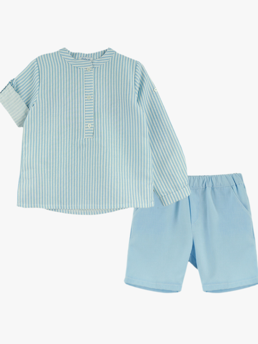 Chemise garçon à col mao rayée – Bleu ciel/blanc – Image 3