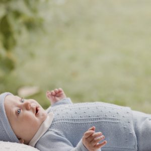 Ensemble bébé pull en laine et pantalon à pieds point mousse – Bleu