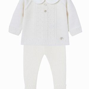 Ensemble bébé pull en laine et pantalon à pieds point mousse – Crème