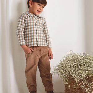 Ensemble garçon chemise à carreaux et pantalon – Vert/camel