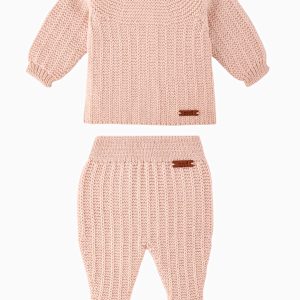 Ensemble naissance tricoté en laine mérinos – Rose