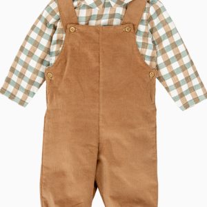 Ensemble salopette et blouse à carreaux – Vert/camel