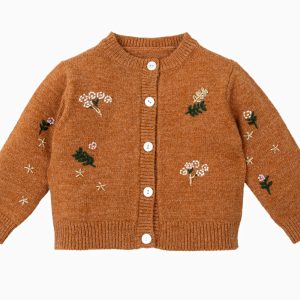 Gilet bébé fille à fleurs brodées – Ocre