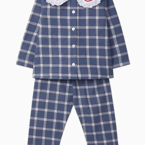 Pyjama fille carreaux et broderies anglaises – Bleu