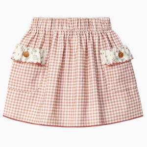 Jupe réversible enfant fille à carreaux vichy et fleurs – Rose/crème
