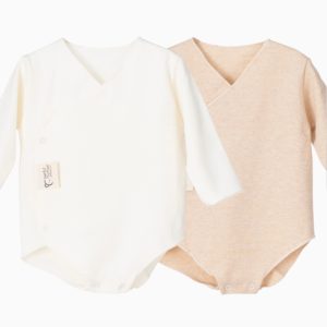 Lot de 2 bodies de naissance croisés – Coton bio extra-doux – Crème/sable