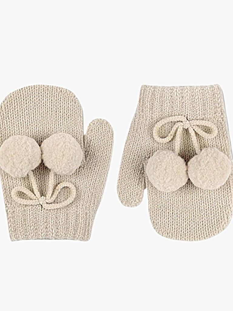 Moufles bébé à pompons – Beige – Image 2