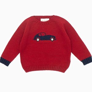 Pull garçon à motif de voiture – Rouge