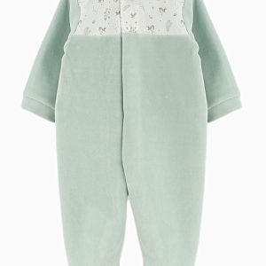 Pyjama bébé en velours motifs oiseaux – Vert pâle