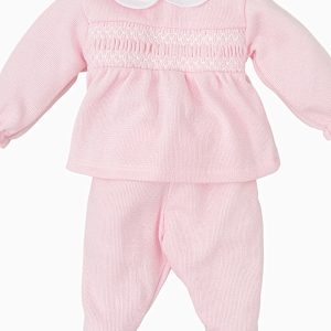 Pyjama bébé fille à smocks et col rond – Rose