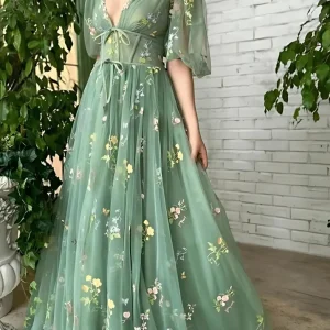 Robe bohème vert d&rsquo;eau avec manches bouffantes : Camille