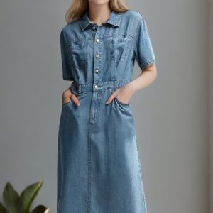 Robe droite en jean denim bleu avec poches avant et manches courtes