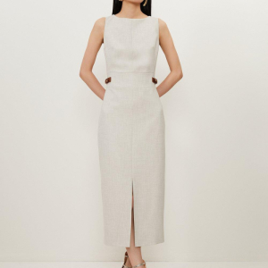 Robe droite grise sans manche avec fente et détails marron pour femme