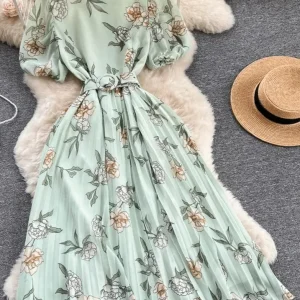 Robe fluide vert d’eau fleur design floral : Elodie