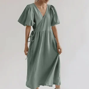 Robe gaze de coton vert d’eau mi-longue : Éliane