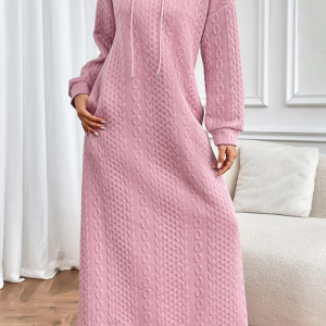 Robe hiver à capuche rose pastel en tissu épais tricoté avec manches longues