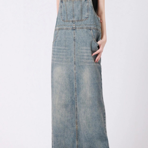 Robe longue droite bretelle en denim avec poches et ourlet brut