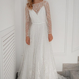 Robe longue trapèze fluide mariage avec manches longues et détails scintillants