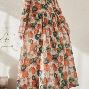 Robe trapèze coton imprimé fruits été femme avec manches longues aérées et coupe ample bohème