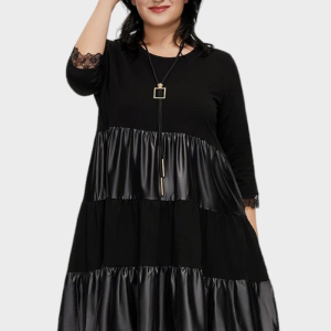 Robe trapèze cuir noire femme ronde avec manches 3/4 et dentelle