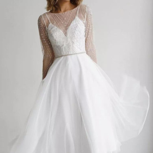 Robe trapèze mi-longue avec dentelle et manches longues pour cérémonie de mariage